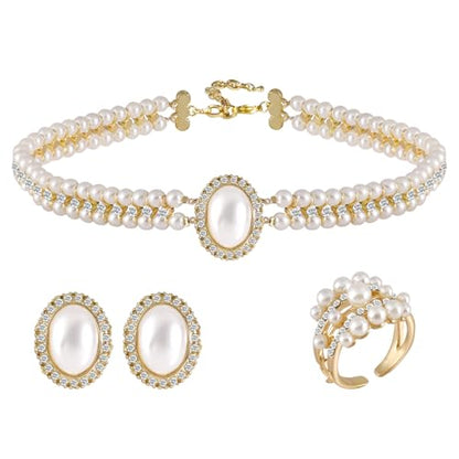 Pearl Jewelry Set for Women Faux Pearl Costume Jewelry Set with Necklace, Bracelets, Ring, Earrings for Wedding Bridal Birthday Tea Party - color: Milky White