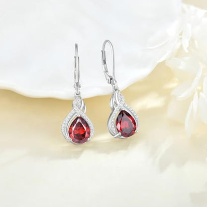 925 Sterling Silver Infinity Teardrop Earrings for Women | Lwsary Dangle Drop Leverback Earrings, Pear Shaped Birthstone Jewelry for Her - color: Red