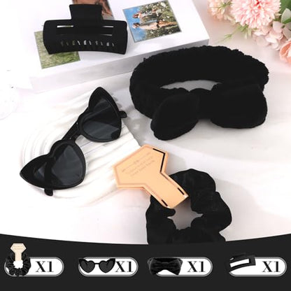 Semato 4 Pcs Black Bridesmaid Proposal Gifts Bridesmaid Spa Headband, Hair Claw Clips, Heart Shaped Sunglasses and Smooth Satin Scrunchies - color: Black