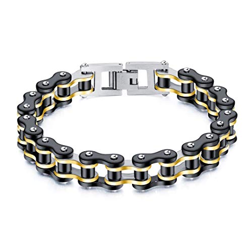 jonline24h Mens Womens Stainless Steel Motorcycle Biker Chain Heavy Bracelet Rock Link Wristband - color: Black Gold
