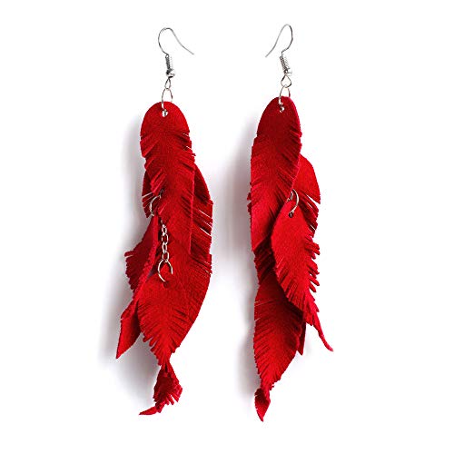 Leather Feather Earrings, Suede layered earrings, boho wedding jewelry, summer earrings, gift for her, dangle earrings - color: red