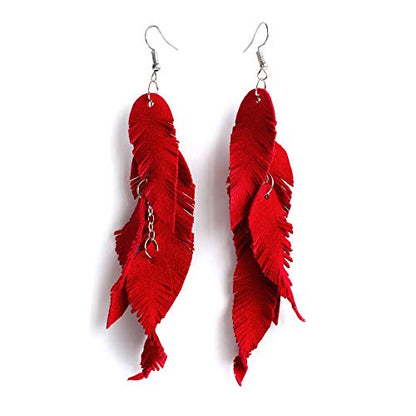Leather Feather Earrings, Suede layered earrings, boho wedding jewelry, summer earrings, gift for her, dangle earrings - color: red