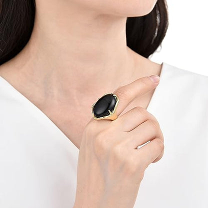 Natural Stone Adjustable Finger Rings Semi Precious Oval Shaped Gemstone Jewelry For Women Anniversary Birthday Wedding Gift - color: Black Agate
