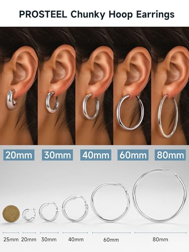 PROSTEEL Chunky Hoop Earrings for Women 14K Gold Plated/Black/Silver | 20/30/40/50/60/70/80mm Stainless Steel Thick Big Round Hoop with Waterproof and Non Tarnish Trendy Jewelry with Gift Box - color: 1. Silver, size: 40MM