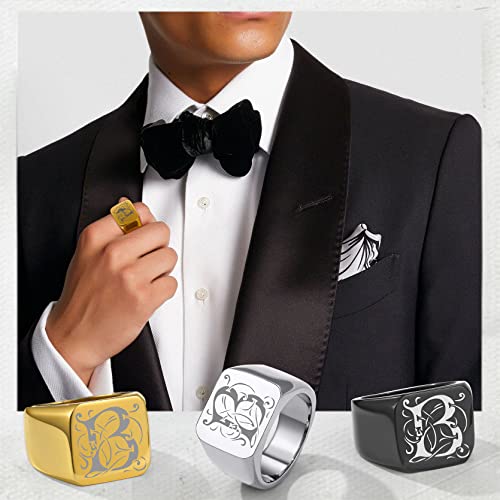 GoldChic Jewelry Personalized Signet Rings Men Women, Stainless Steel Custom Photo Bold Square/Oval Monogram/Old English Initial Pinky Stacking Statement Ring in Black/Silver/Gold (Size 7-14) - color: Gold-Initial -Square