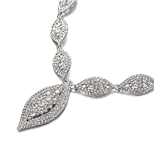 Flyonce Wedding Jewelry Set Rhinestone Crystal Bridal Leaf Necklace Drop Dangle Chandelier Earrings Sets for Women - color: Clear Silver-Tone