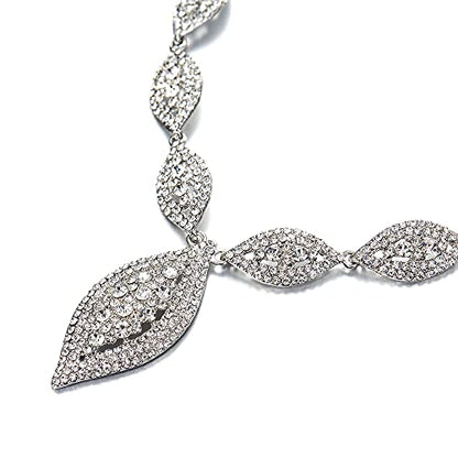 Flyonce Wedding Jewelry Set Rhinestone Crystal Bridal Leaf Necklace Drop Dangle Chandelier Earrings Sets for Women - color: Clear Silver-Tone