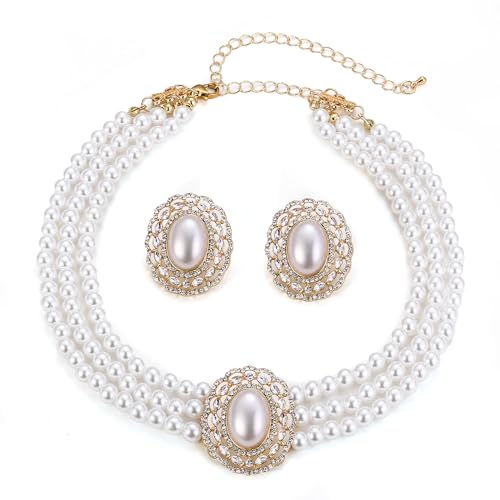 EVER FAITH 1920s Gatsby Multilayer Pearl Jewelry for Party, Rhinestone Vintage Inspired Chunky Choker Necklace Stud Earrings Set for Women Bride - style: 3 Layers_Pierced Stud Earrings