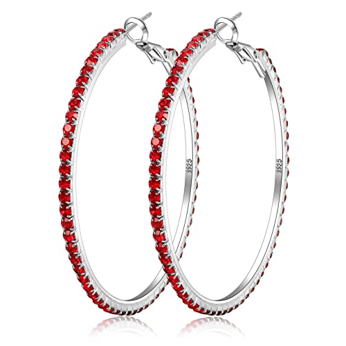 925 Sterling Silver Earrings Large Rhinestone Hoop Earrings Big Cubic Zirconia Hoop Earrings Thin Rhinestones Round Hoop Earrings for Women 20/30/40/50/60/70mm Sparkly Hoops With Crystals for Womens - color: red,50mm
