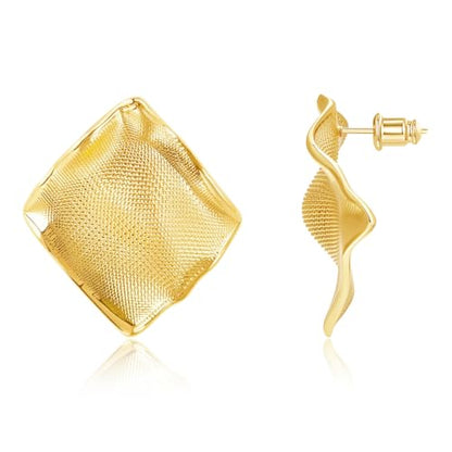 18K Gold Plated Statement Stud Earrings for Women Hypoallergenic Geometric Wave Earrings Irregular Textured Chunky Fashion Jewelry Gifts for Womens - color: Gold