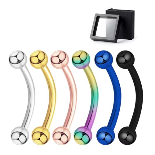 Surgical Stainless Steel Curved Barbell Eyebrow Tragus Helix Ear Belly Lip Ring Body Piercing Jewelry Set - Silver, Gold, Rose Gold, Multicolor, Blue, Black - Stylish Eyebrow Rings for Women, Vertical Labret Lip Piercing Included - size: 6 mixed colors-ba