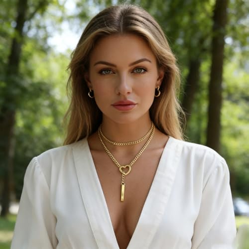 MIFYNN Slip Chain Necklace Stainless Steel Punk Rock Bar Pendant Choker Necklaces Adjustable Handmade Boho Long Lariat Necklace Statement Day Collar for Women - style: Long gold heart bar