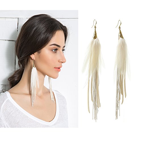 Bohemian Feather Dangle Earrings for Women with Shell Beads Long Tassel Design Drop Earrings - style: Style-Beige