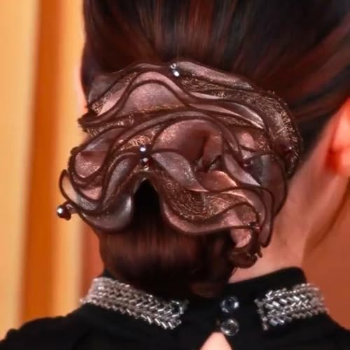 Hair Scrunchie, Black and Blue Ombre, Organza Fabric, Floral Ruffle Design with Rhinestone Embellishments (1, khaki, Large) - color: khaki