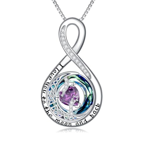 TOUPOP Birthstone Necklace for Women 925 Sterling Silver Moon and Star Pendant Necklaces I Love You to the Moon and Back Jewelry Anniversary Birthday Gifts for Her Wife Girlfriend Mom - color: 02-Feb-Amethyst