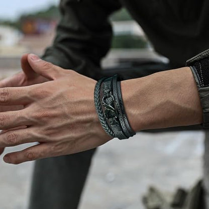Men's Leather Infinity Bracelet Stainless Steel Number 8 Wristband Cuff Bangle Bracelets Gifts for Men, 8.3 & 9.1 inches - color: 03.Three-layers leather & black infinity, size: 8.3inch(Fits most wrists.)