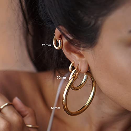 4mm Thick Gold Chunky Earrings Steling Silver Post Hoops Earrings For Women Hollow Tube Hoops Earrings Thick Gold Hoop Earrings Hypoallergenic Lightweight Gold Hoop Large Earrings 20/30/40/50/60MM - color: Gold,20mm