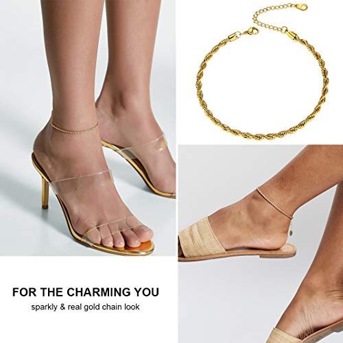Adjustbale Link Chain Anklet for Women Summer Jewelry, 316L Stainless Steel Figaro/Wheat/Twist Rope/Cuban Foot Bracelet-Waterproof, Resizable 9"-12" (Gift Box Included) - color: 1, Rope - Gold