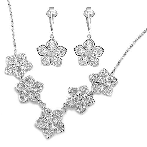 Silver Clip On Earrings For Women, They Look Pierced, Don't Pinch & Won't Fall Off, Hypoallergenic & Lightweight - color: Silver Flower & Necklace