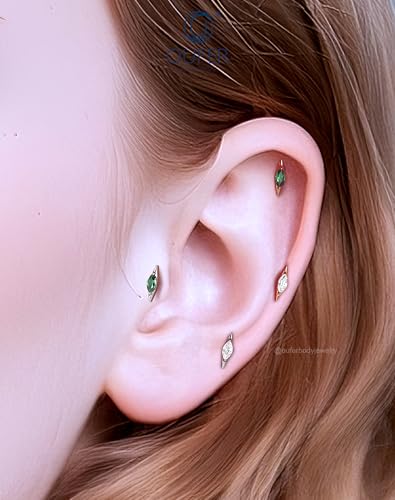 OUFER G23 Titanium Threadless Flat Back Stud, Marquise CZ Cartilage Earring, 18G Minimalist Helix Tragus Flat Piercing Jewelry for Sensitive Ears, 6mm Post - color: Gold- Green