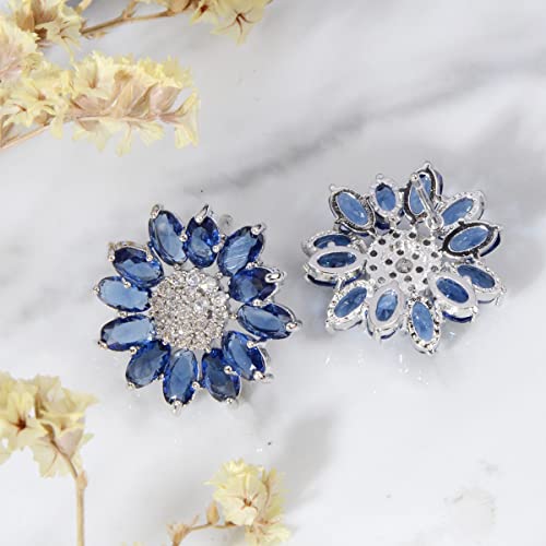 Crystal Flower Burst Stud Earirings - Big Sterling Silver CZ Cubic Zirconia Rhinestone Daisy Sunflower Floral Cluster Studs Bridal Wedding Party Prom Costume Jewelry for Bride Bridesmaids Women Birthstone Birthday Gift - color: Blue