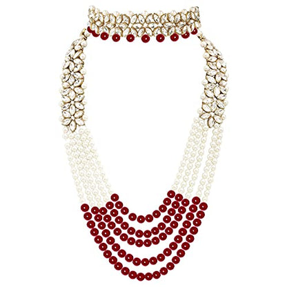 Aheli Wedding Party Wear Bridal Jewellery Choker Long Pearl Necklace Earrings Maang Tikka Indian Traditional Set Gift for Women - color: Maroon