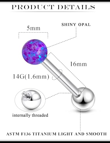 14G Astm F136 Titanium Tongue Rings Piercing Jewelry 14 Gauge Internal Thread Straight Barbell Opal Tongue Rings Piercing Jewlery for Women Men White Pink Purple Blue Green 16MM Bar Length - color: Purple
