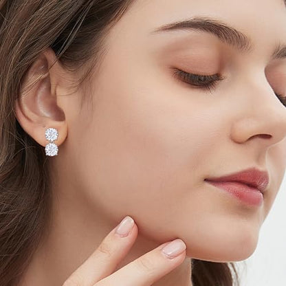 Cubic Zirconia Stud Earrings for Women,18K White Gold Plated,Women's 925 Sterling Silver Simulated CZ Earrings with Pear/Round/Princess/Oval Cut. - style: Round