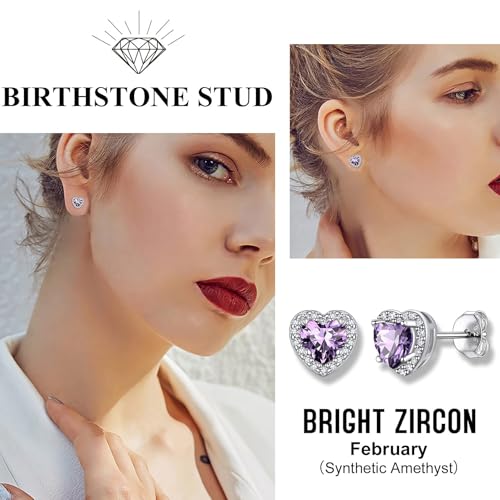Bestyle Sparkling 925 Sterling Silver Birthstone Stud Earrings for Women, Heart/Round/Teardrop/Square Solitaire Diamond Studs Earrings, Great Birthday/Christmas Gifts - style: 02. Purple Amethyst-Feb.-heart