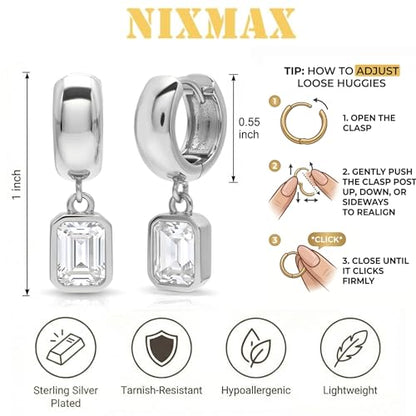 NIXMAX Trendy Gold Dangle Earrings for Women, Chunky Statement CZ Hoops | Bezel-Set Cubic Zirconia Charm, 14K Gold Plated, Lightweight Hypoallergenic Jewelry, Fashion Accessories, Gifts for Women - color: Silver-Chunky Rectangle Hoops