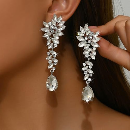 Silver Rhinestone Wedding Earrings for Women,Silver Sparkling Crystal Chandelier Earrings,Formal Cocktail Prom Teardrop Dangle Drop Statement Jewelry - color: Silver