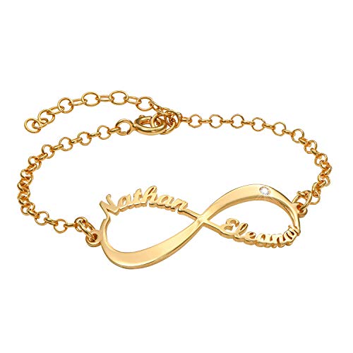 Personalized Infinity Bracelet - Choose Your Style - Sterling Silver, Solid Gold or Plated - Rolo Chain - color: 18K Gold Vermeil Silver, size: 2 Names Bracelet with Diamond