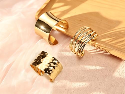 3PCS Gold Chunky Cuff Bracelets for Women Irregular Minimalist Statement Bangle Bracelets Set Open Wide Bangle Arm Cuff Upper Arm Punk Jewelry - color: 3PCS Bracelet Style 1