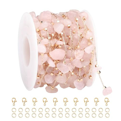 KYUNHOO 16.4FT Light Pink Natural Gemstone Jewelry Making Chain Supplies | Gold Plated Brass Chains Bulk Stone Link Chain Roll witj Clasps for Crafts DIY Jewelry Findings - color: Natural Stone-Light Pink