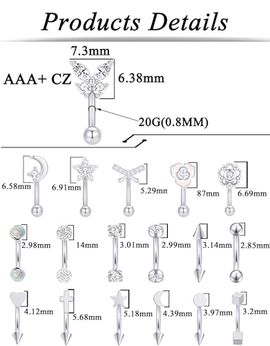 18Pcs Eyebrow Piercing Jewelry 16G Surgical Steel Curved Barbell Eyebrow Rings Butterfly Moon Vertical Labret Monroe Lip Belly Button Rook Daith Tragus Earrings for Women Men Gold Silver 10mm - color: Silver
