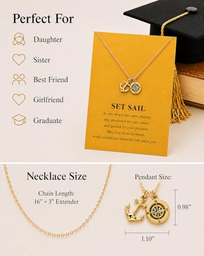 Zealmer Dainty 18K Gold Plated Compass World Map Pendant Necklace Graduation Gift for Friends - color: Travel