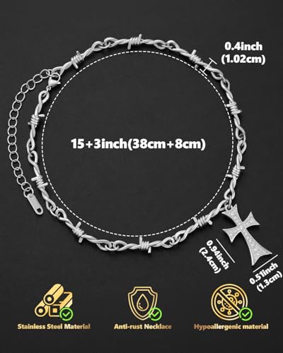 Stainless Steel Gothic Y2K Punk Rock Emo Biker Pendant Necklace | Cosplay Vintage Viking Alt Edgy Fashion Charm Necklace Jewelry for Men Women Active Daily Wear - style: Large Cross Barbed Wire Necklace Bracelet