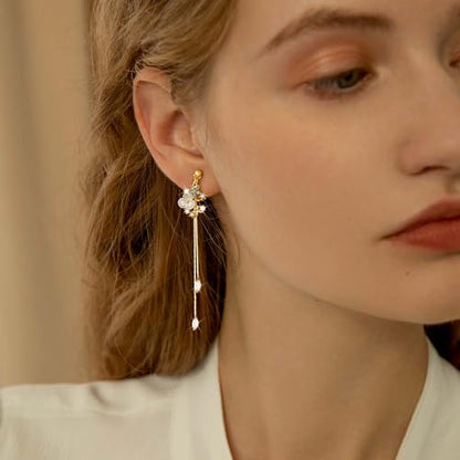 Awinesn Clip on Earrings Dangle Pearl Drop Clip Earrings for Women Trendy Dangle Chain Dainty Flower Wedding Earrings for Brides 14K Gold Plated Statement Non Pierced Earrings for Women Sparkly Jewelry - style: fugu-lanflower-g