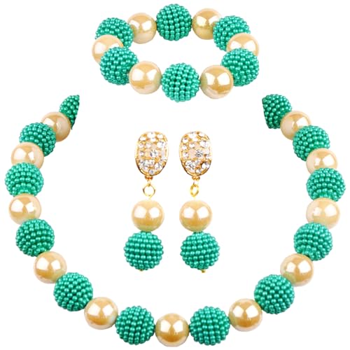 Nigerian Wedding African Beads Jewelry Set Women Simulated Pearl Necklace and Earrings - color: Army Green-Champagne Gold