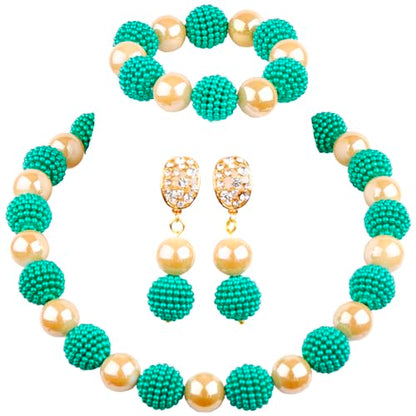 Nigerian Wedding African Beads Jewelry Set Women Simulated Pearl Necklace and Earrings - color: Army Green-Champagne Gold