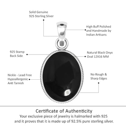 Chunky Natural Gemstone Pendant Necklace For Women Onyx, Turquoise, Amber, Garnet Oval Boho Genuine 925 Sterling Silver Handmade Jewelry - color: Black Onyx