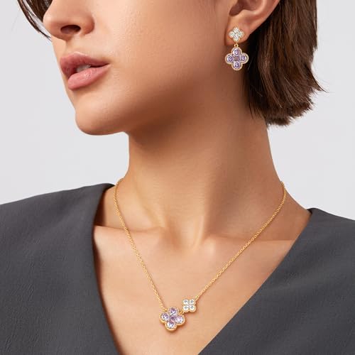 MTMY Dangle Earrings for Women 14K Gold Plated Four Leaf Clover Dangling Drop Birthstone Stud Earrings Trendy Flower Birthstone Jewelry Birthday Gifts - style: Jun.-Alexandrite