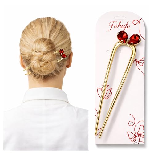Fohufo French Hair Pin for Women - U Shaped Hair Pins Fashion Accessories, Gold Garnet Hair Accessories for Women, Elegant Hair Stick with Gemstones, Birthday Gifts for Woman, January Birthstone - color: January-Garnet