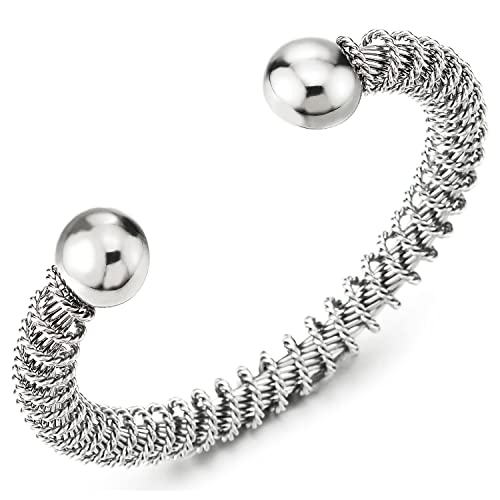 COOLSTEELANDBEYOND Elastic Adjustable Stainless Steel Cuff Bangle Bracelet for Mens Womens - color: K-Metal Color: Silver-01