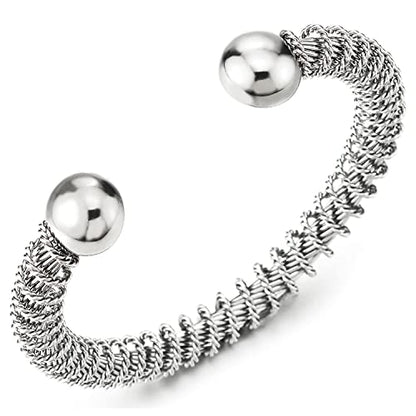 COOLSTEELANDBEYOND Elastic Adjustable Stainless Steel Cuff Bangle Bracelet for Mens Womens - color: K-Metal Color: Silver-01