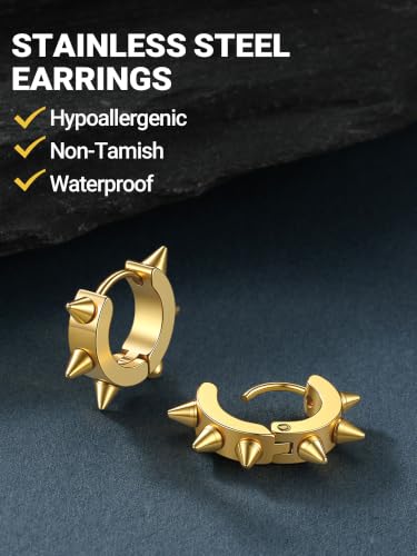 PROSTEEL Stainless Steel Huggie Hoop Earrings for Mens Gold/Black/Silver | Skull/Infinity Pattern, Spike/Cuban Links 4 Design Options Hypoallergenic Lightweight Earring Hip Hop Punk Gothic Jewelry - style: Spike Hoop-Gold