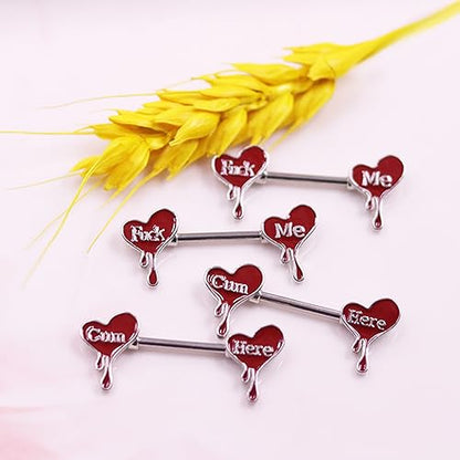 Letter Nipple Ring 14G 316L Surgical Steel Nipple Barbell Heart Shape Devil Body Piercing Jewelry for Women Men - color: red heart C
