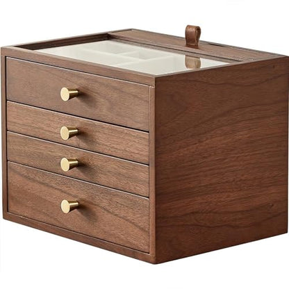 Walnut Wooden Women Jewelry Box with Pull-out Necklace Storage | 4 Layer Large Wood Jewelry Drawer Organizer, Glass Lid, For Watch Necklace Ring Earring Storage - style: 4 Layer B