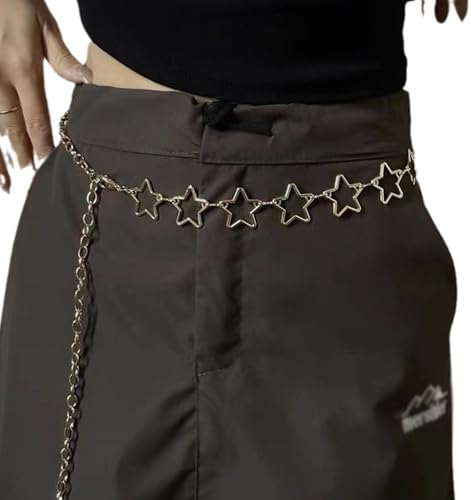 QWALIT Silver Gold Chain Belt for Women Fashion Waist Chain Belt Star Butterfly Metal Belt Music Festival Y2K Accessories - style: A1-Star- gold