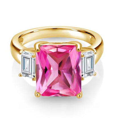 Gem Stone King 18K Yellow Gold Plated Silver Pink Created Sapphire and White Zirconia Engagement Ring For Women | 7.92 Cttw | Emerald Cut 12X10MM | Gemstone September Birthstone